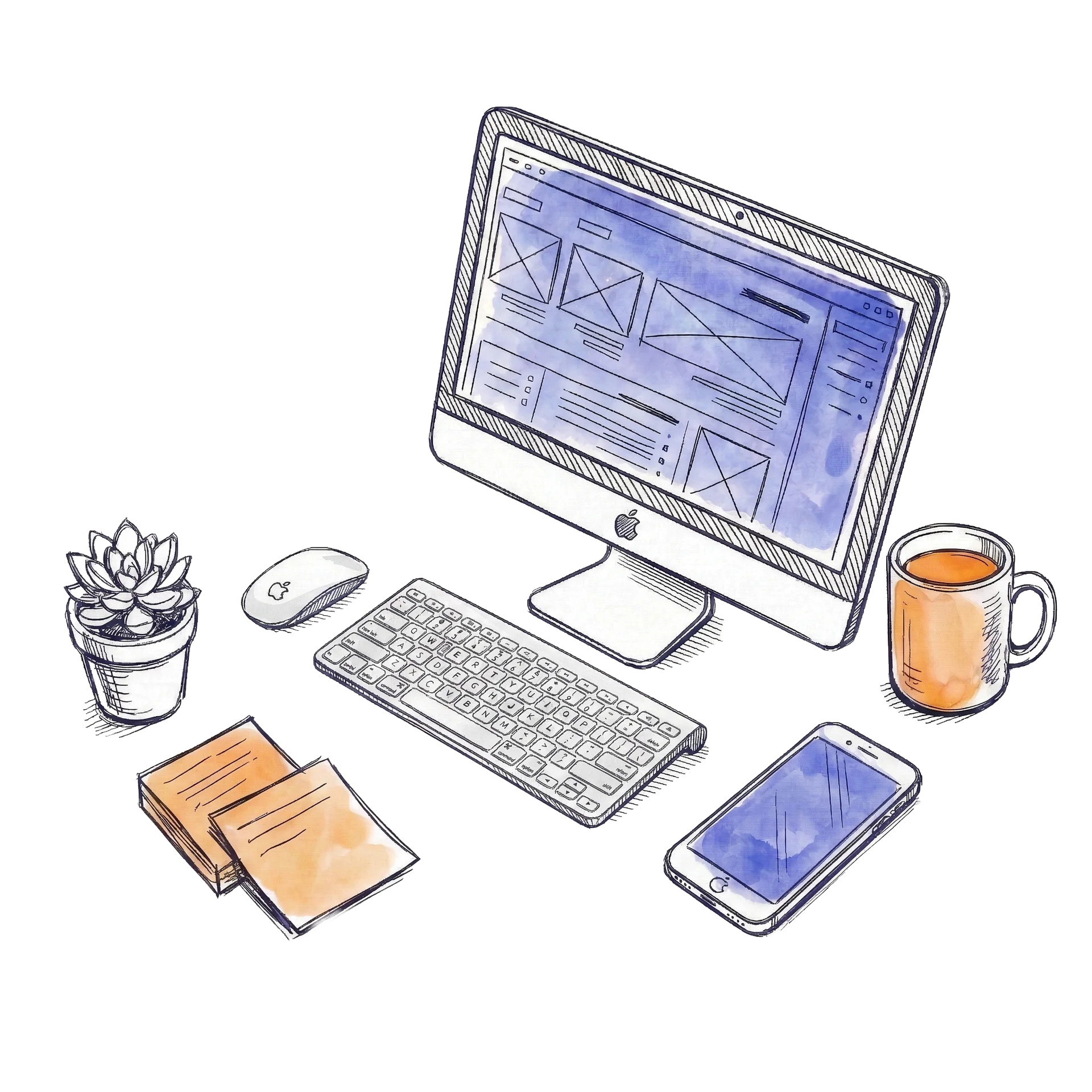 Watercolor sketch illustration of a creative workspace with computer, phone, coffee, and sticky notes